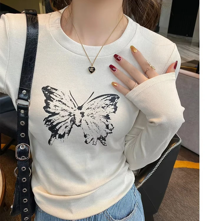 Women's Summer Slim Fit Short Naked Spicy Girl Top White Round Neck Long Sleeved T-Shirt Quick Dry Minimalist Style One Size