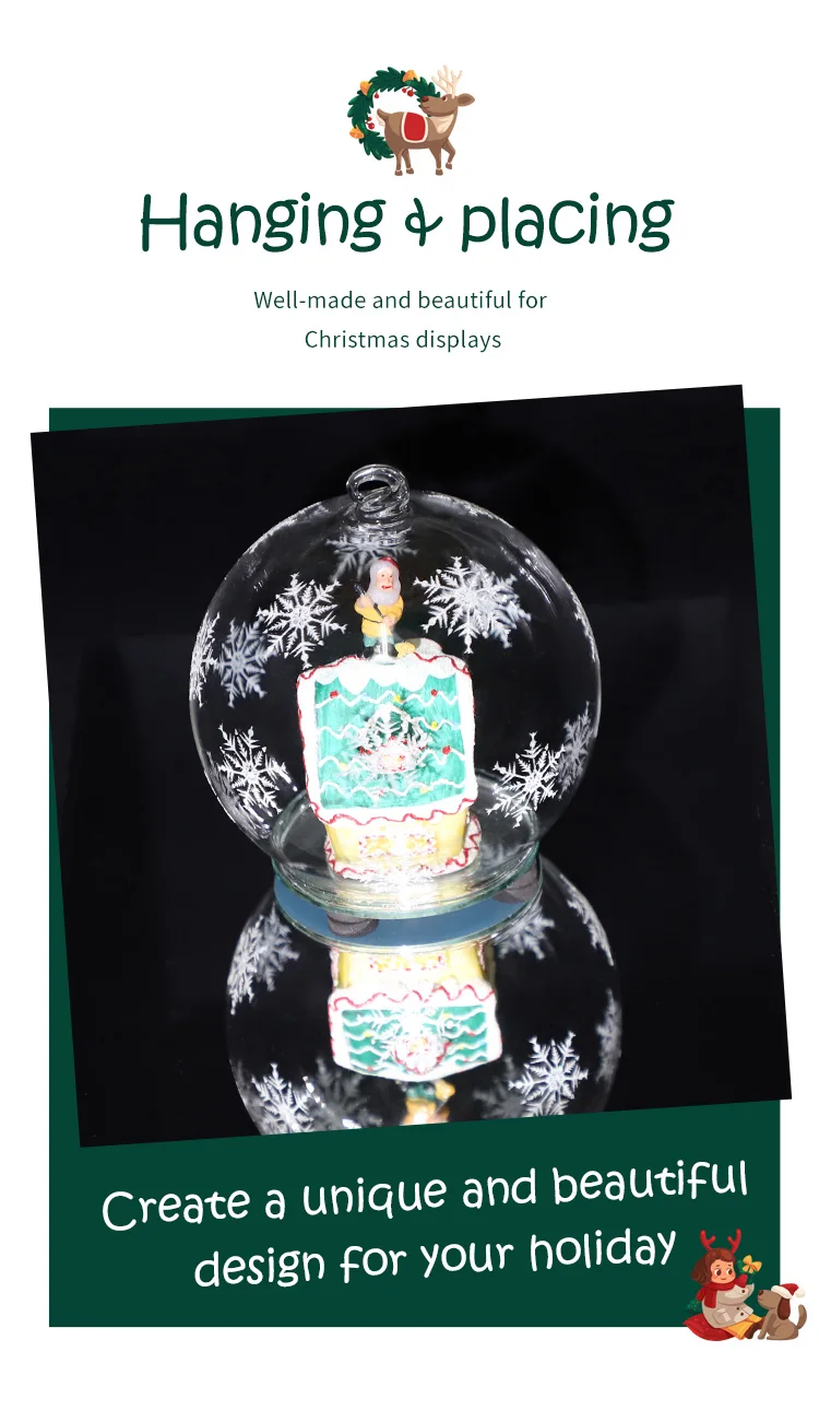 Wholesale custom design led 12cm clear christmas decoration glass hanging ball & tree ornaments with painted satan house inside supplier