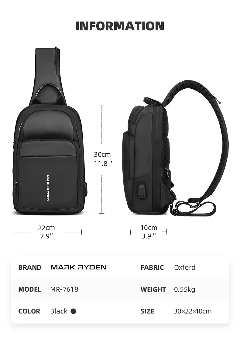 Mark Ryden sling backpack for men men chest bag with usb charge small bag crossbody bag chest customizable sling shoulder MR7618