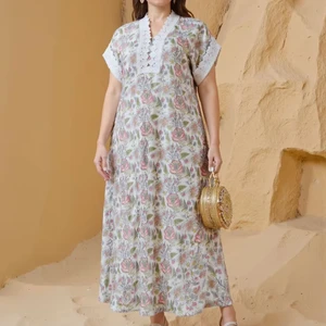 Middle East Print Women Short Sleeve Daily Wear Abaya Muslim Plus Size Robe Casual Fashion Dress