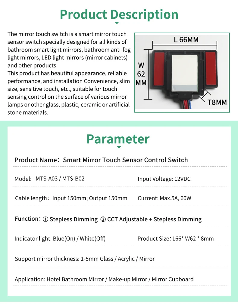 12V LED Strip Light Controller on OFF Dimmer Touch Button Wall Switches Smart Mirror Touch Sensor for Bathroom Vanities Mirror