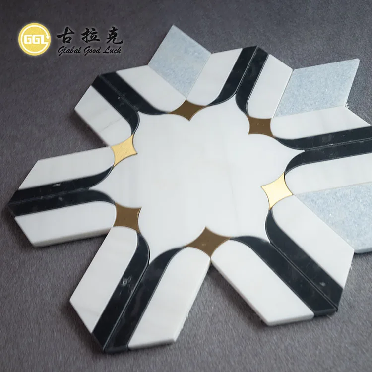 Water Jet Black and White Flower Shaped Marble Mosaic Tile Mix Brass Natural Marble Mosaic for Kitchen Splash Tile details