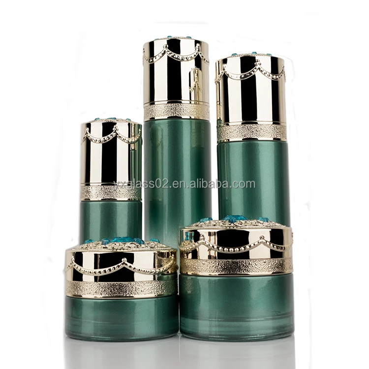 Cosmetic glass bottle set skincare cosmetic packaging glass container with Luxury lid carving craft pump spray cap details