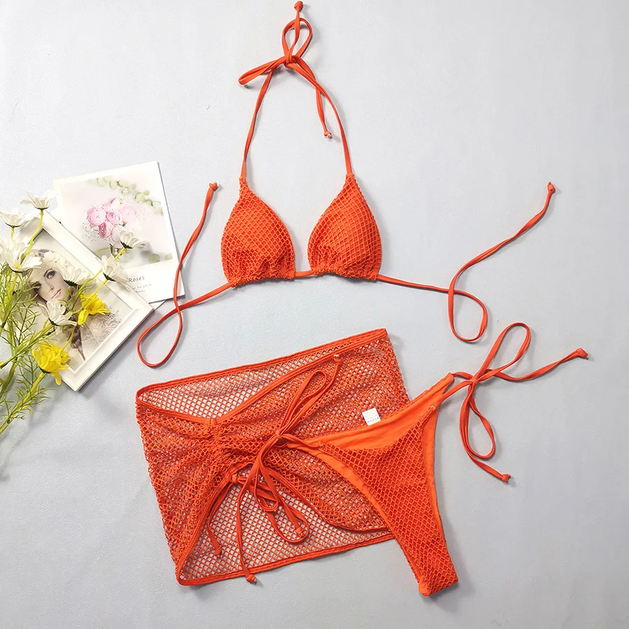 STOCK Two Colors Plain Basic Bikini Women 3Pieces Swimwear Fishnet Swimsuit Hollow Out Skirt CoverUp