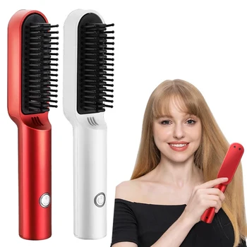 2 in One Hair Straightener and Curler Cordless Fast Heated Comb Electric Hot Brush Curler Wireless Hair Styling Tools