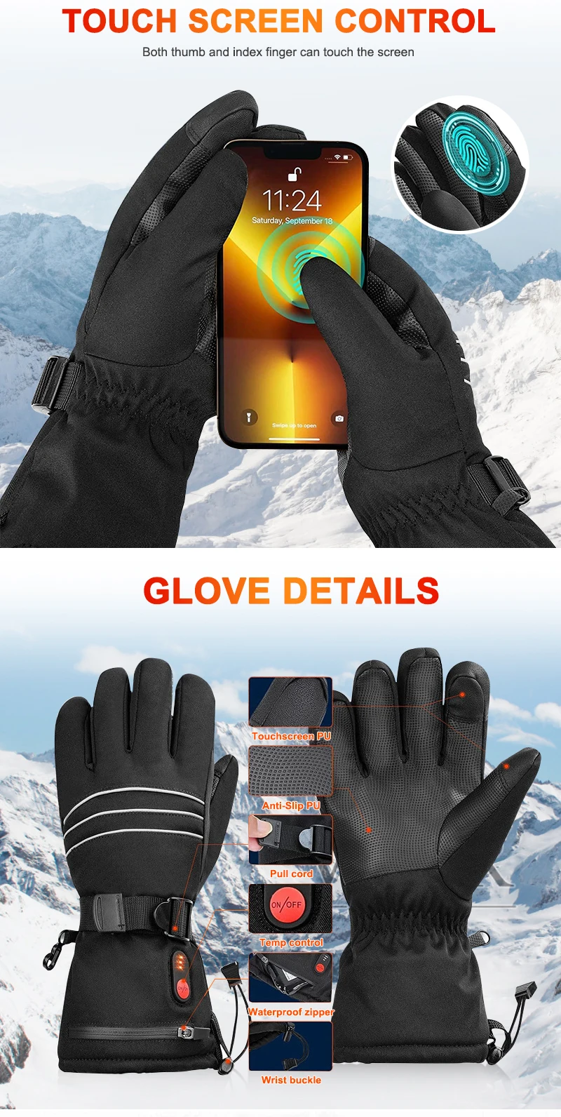 Kopus Men Touchscreen Thermal Heated Bike Gloves Rechargeable Battery ...