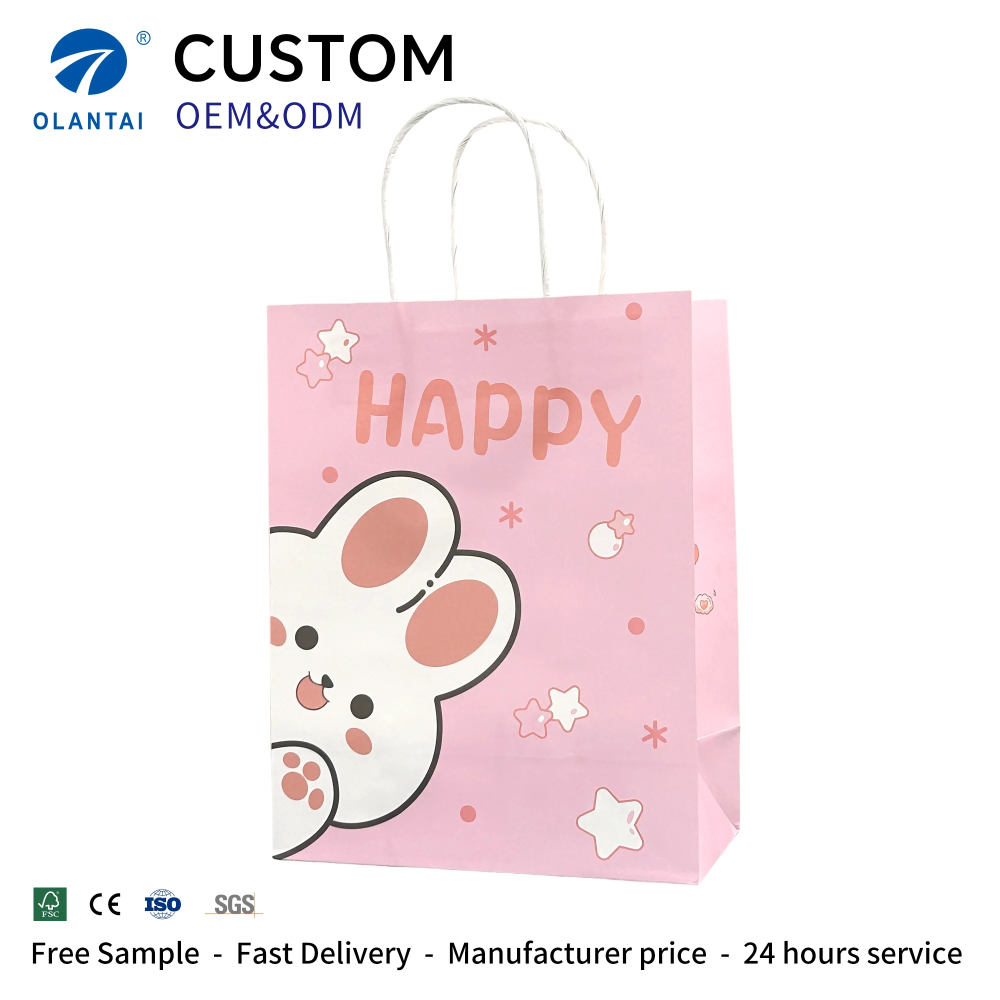 Printed Logo Embossed Custom Craftsmanship Kraft Paper Bag with Ribbon Handle Recyclable and Durable Packaging