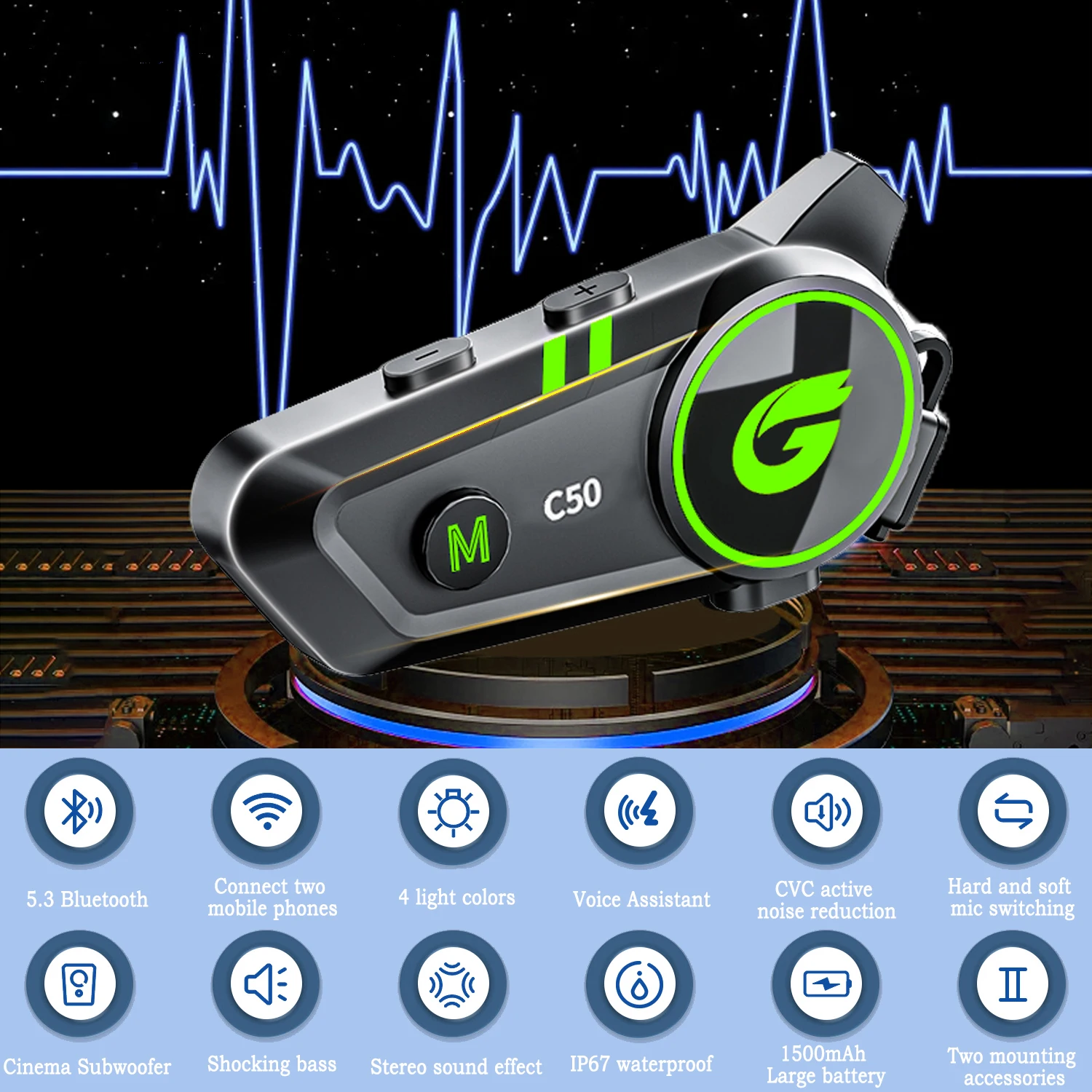 C50 Motorcycle Helmet Bluetooth Headset - 1000M Rider Communication With 42H Playtime & IP67 Waterproof