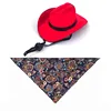Sombrero de vaquero rojo, pañuelo triangular azul marino
