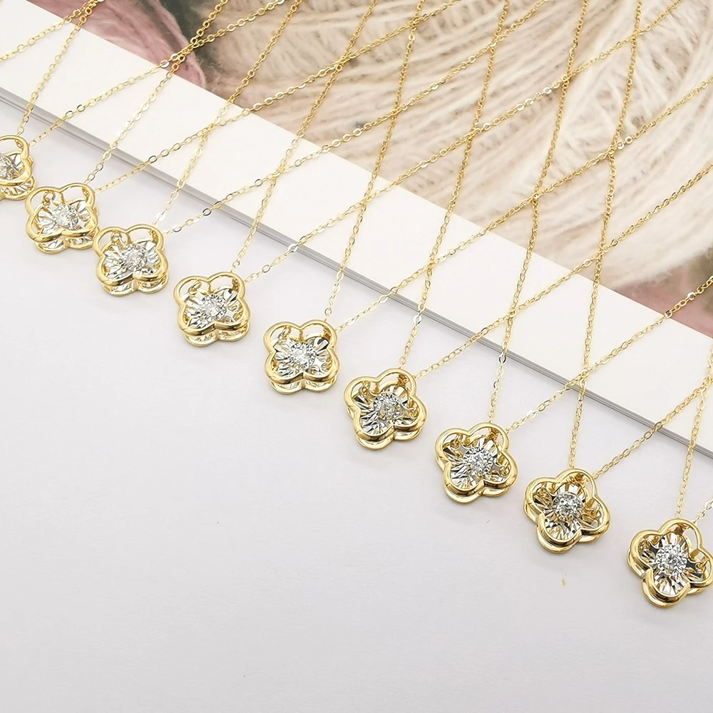 Newest Design 18K Genuine Gold Clover Necklace 18K Dancing Diamond Real Gold Necklace Wholesale Drop Shipping