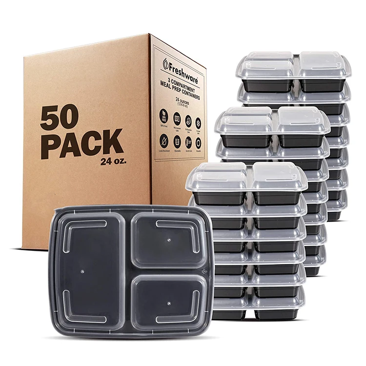 Food Storage Containers Bento Box Meal Prep Containers with Lids Microwave Plastic 3 Compartment 28 Oz Take Away Food Container