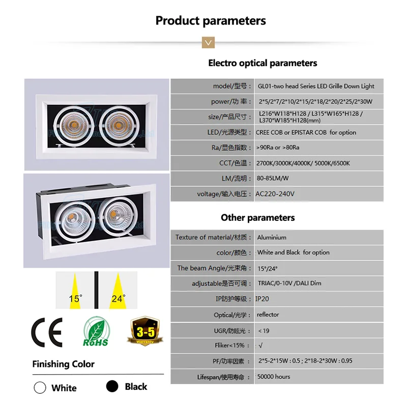 Recessed Led Cob Downlight Single Double Triple Head Cob 2*18w Grille Led Downlight Aluminium Square Led Downlight