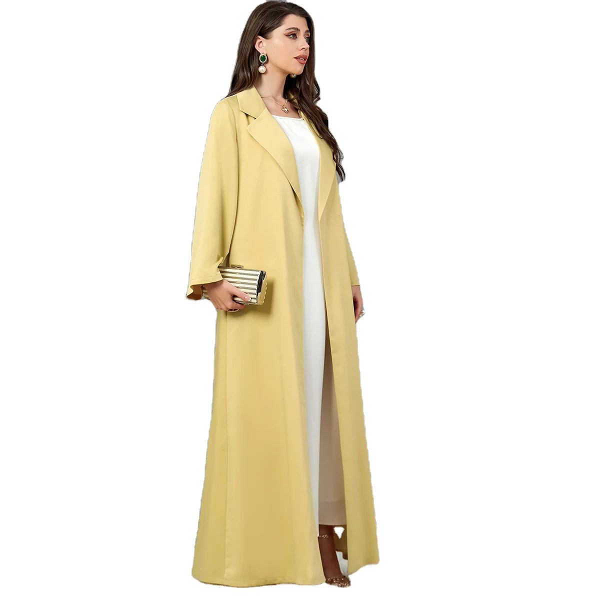 Z-37 Autumn and Winter Hot Yellow Lapel Coat Women's Fashion Long-sleeved  Coat Abaya Muslim Women Dresses Islamic Dress