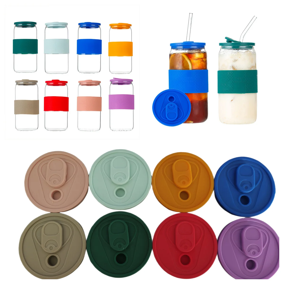 Bpa Free Reusable Drinking Coffee Mason Jar Glass 500ml 16oz Silicone