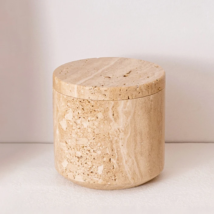 Custom Cylindrical Travertine Bakhoor Box Empty Oud Incense Cans Stone Cup with Lid Table Decor Travertine Canister
