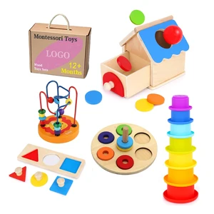 Montessori Educational Toys for 1+ Year Old Toddler Includes Stacking Cups, 2 in 1 Object Permanence Box Bead Maze Mirror Puzzle