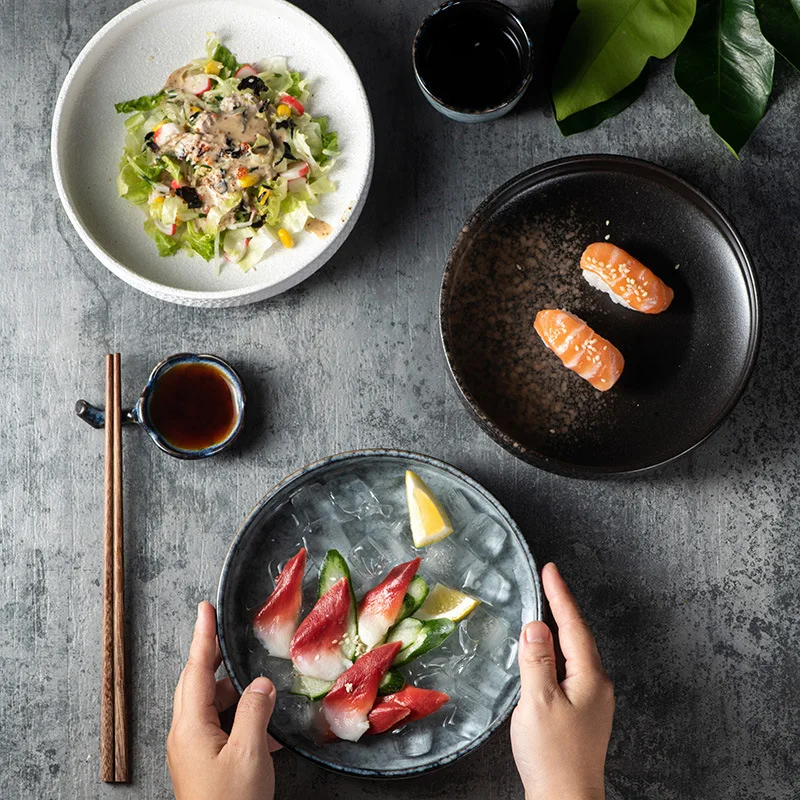 Retro Japanese Creative Kiln Colour Ceramic Dinner Dish Plate Noodle Bowl Soup Dish Ceramic Salad Bowl for Home Restaurant