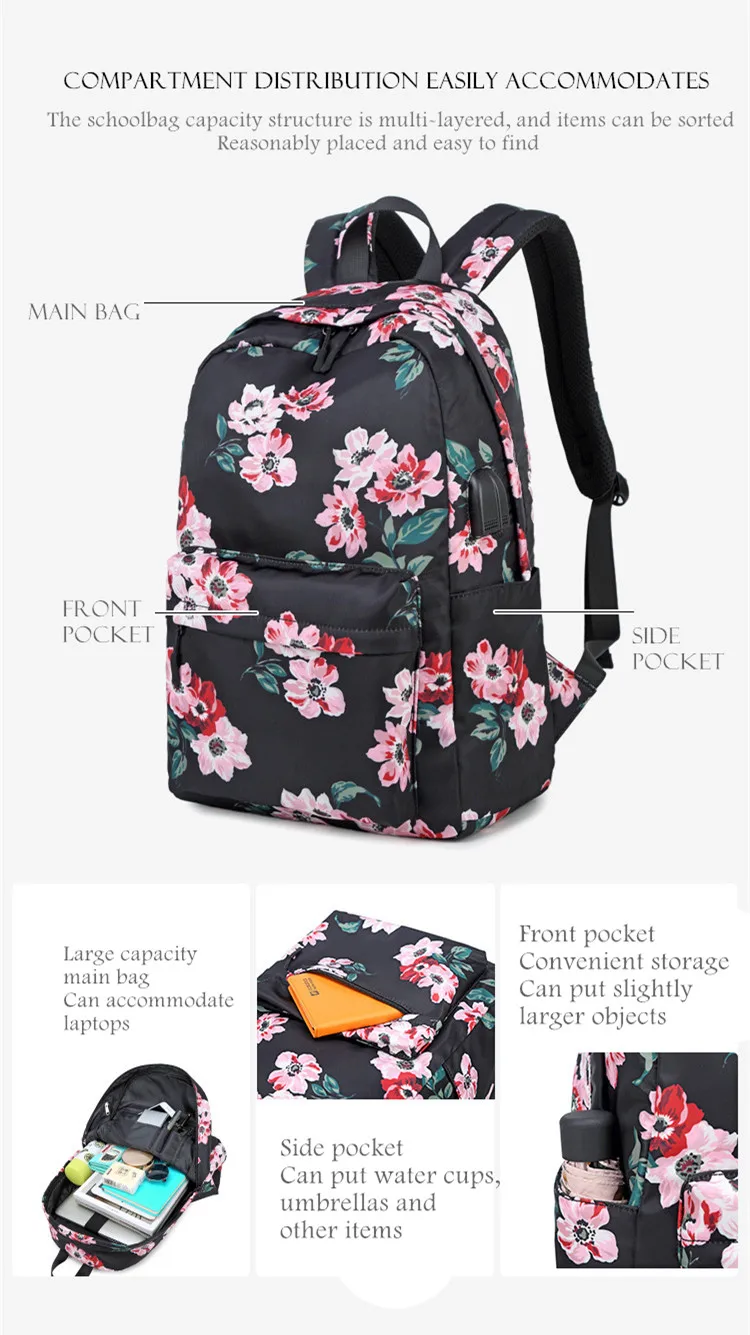 Personalised School Bags with Lunch Box Black Flower Backpack Bulk Character Satchel