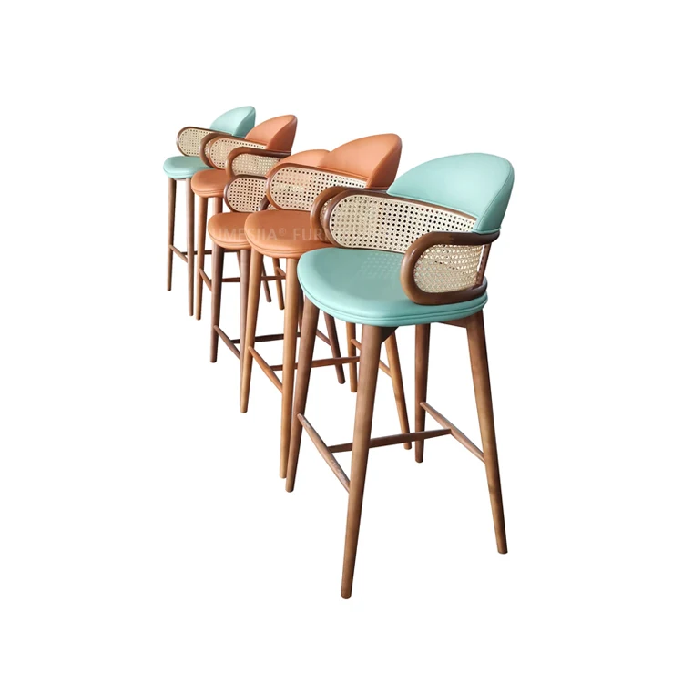 Modern Bar Furniture Solid Wood Cane Bar Stool Chair With High Back