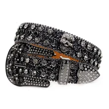 Designer Black Y2K Shiny Rhinestone  Belts Skull Sparkly Diamond Studded Wester Cowboy Belts