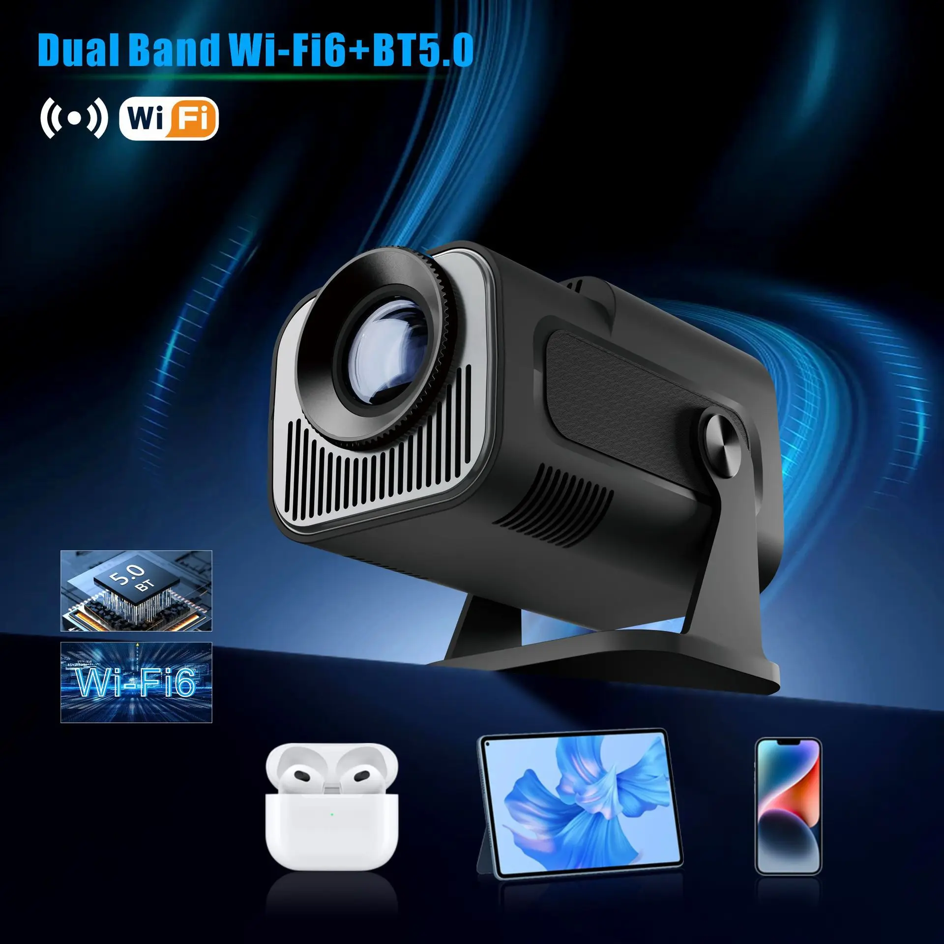 HY320 Mini Smart Android Projector Portable HD 4K WiFi LED LCD Lamps DLP Lens Home Outdoor Use 3D Features US Plug 713 chips