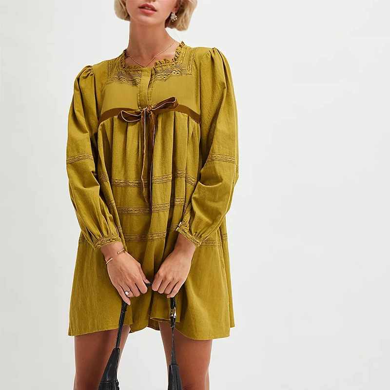 Custom Clothing Good Manufacturers Trendy Hot Embroidered Long Sleeve Women  A-line Mini Dress Cute Bow Tie Front Babydoll Dress