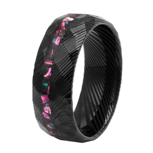 8mm Hammered Black Damascus Steel Ring Inlaid with Crushed Purple Agate and Opal TIZTI Men Wedding Band Damascus Steel Men Ring