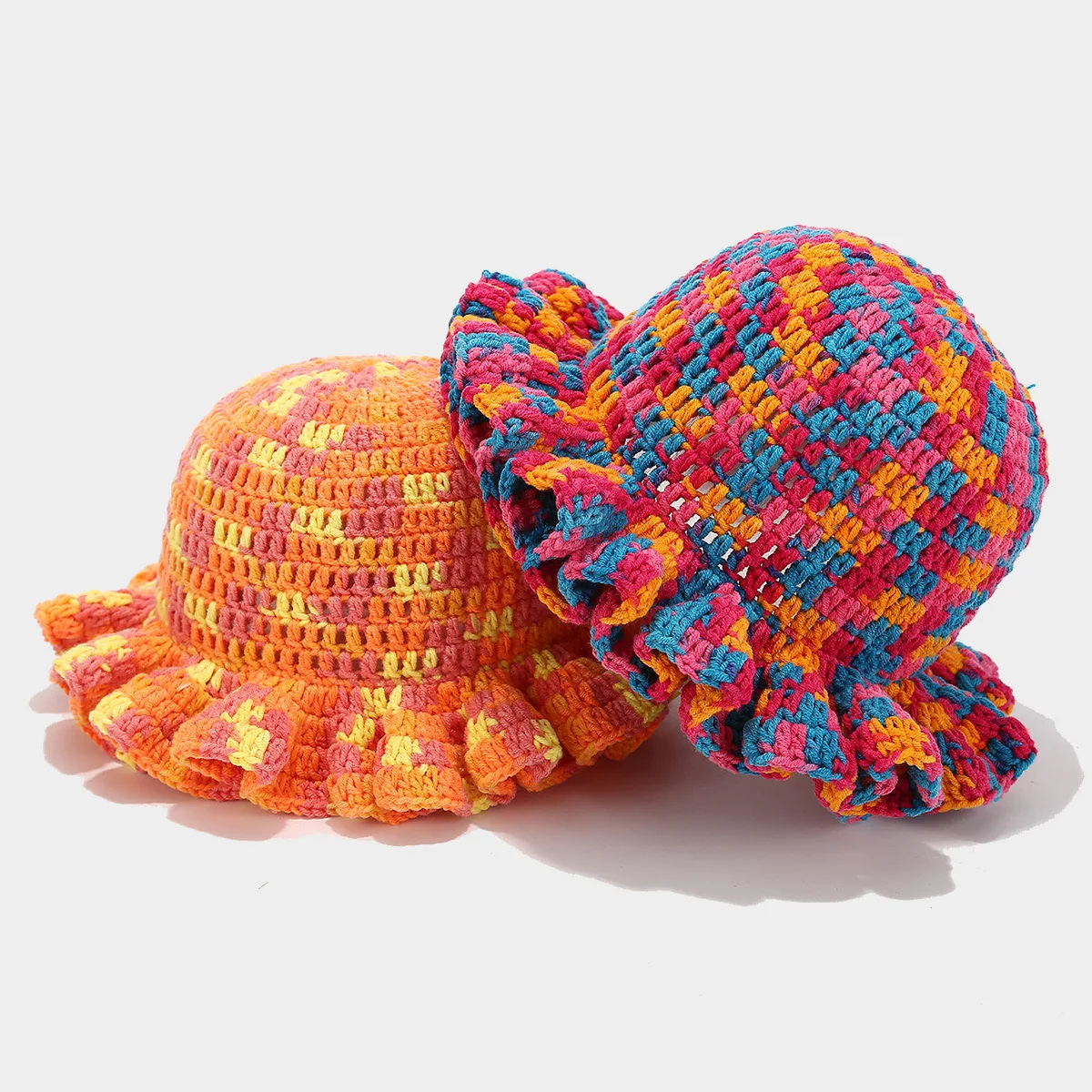 Crochet Bucket Hat with Ruffled Brim, Hand Knitted Acrylic Fiber Kamonda Handmade Crochet Bucket Hat for Woman Teen Outdoor  main image 2