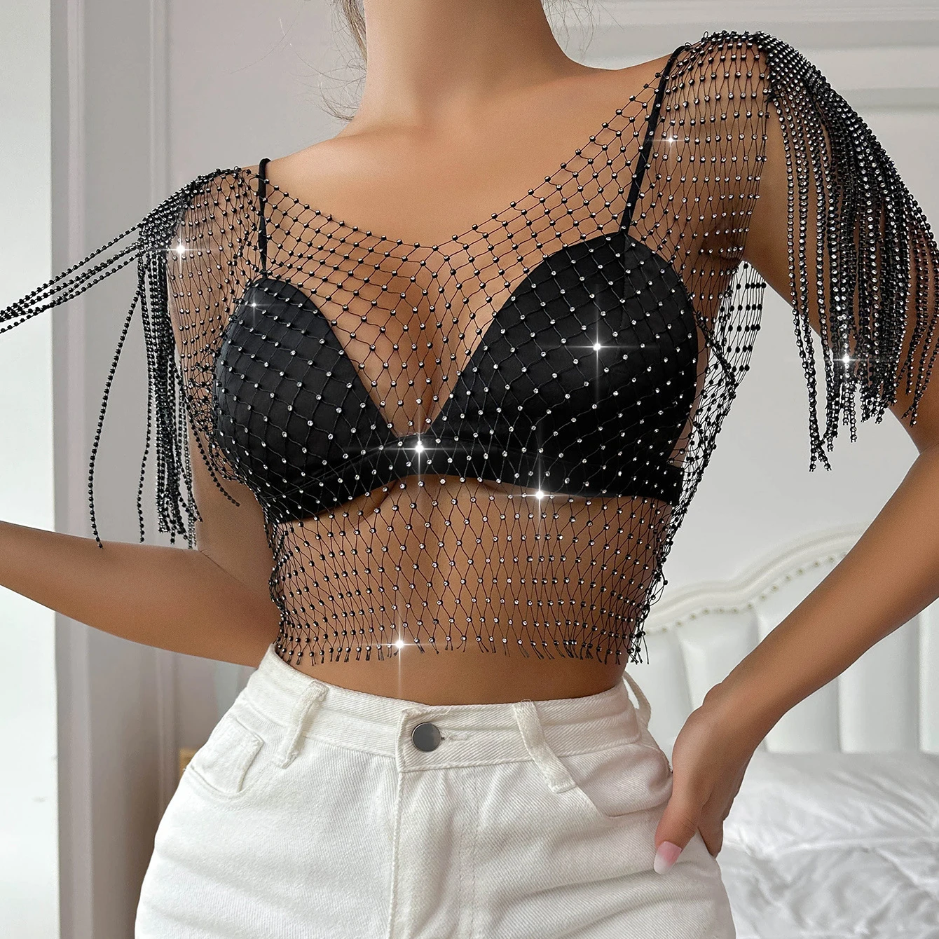 Women's Sexy V-neck Rhinestone Short Crop Top Blink Crystal Tassel Fringe Shoulder Decor Glitter Diamond Fishnet Shirt Women's Sexy V-neck Rhinestone Short Crop Top Blink Crystal Tassel Fringe Shoulder Decor Glitter Diamond Fishnet Shirt