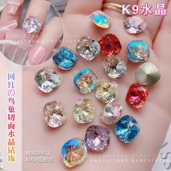 High Quality 10MM Pointed Bottom Glass colourful Nail Rhinestones Crystal K9 Shiny Cube Sugar 3d Nail Rhinestone SW