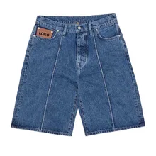 Blue Fade Star Denim Shorts Stitch Down Customized Embroidery Streetwear Wide Leg Baggy Denim Jorts