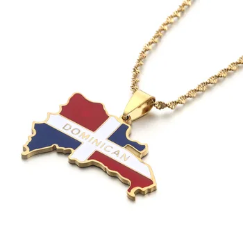 Dominican Map Flag Necklace Stainless Steel Pendant Necklace Gold Plated Enamel National Flag Jewelry