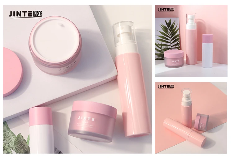 Custom Pink Cosmetic Packaging Plastic Pump Bottle And Jar With Lid For