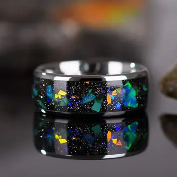 Men Tungsten Galaxy Series Men Ring Inlay Colorful Opal Wedding Band Black men luxury tungsten carbide ring comfort it