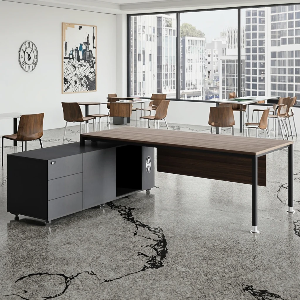 Executive Office Desk with Hydraulic Lift Socket Solid Steel Frame Storage Cabinet & Modern Workstation 3