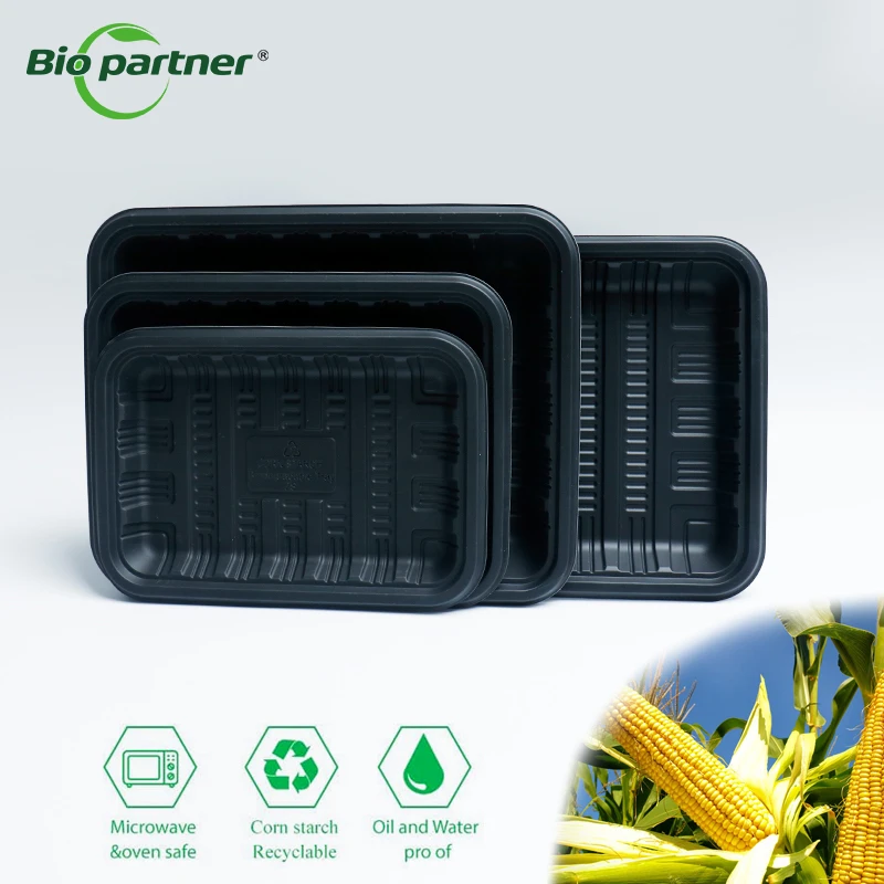 Biodegradable Cornstarch Meat Tray Fresh Fish Chicken Fruit Eco-Friendly Blister Black Display Frozen Food Foam Tray Disposable