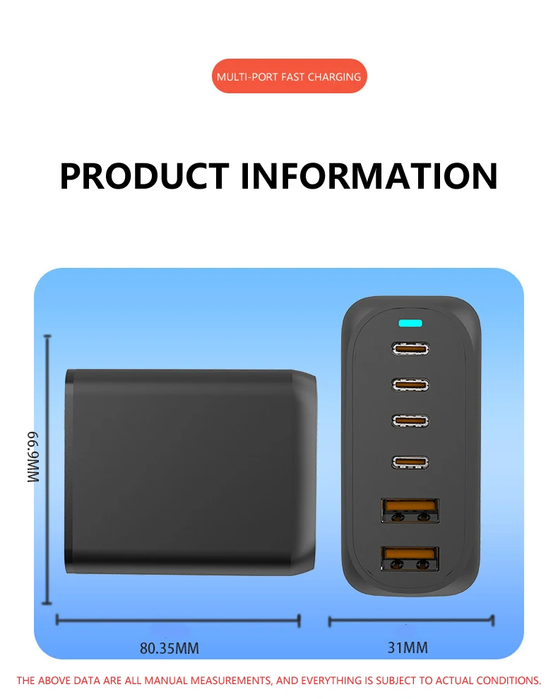 196w Usb C Gan Charger Pd Fast Charging Power Adapter 6 Ports Travel ...