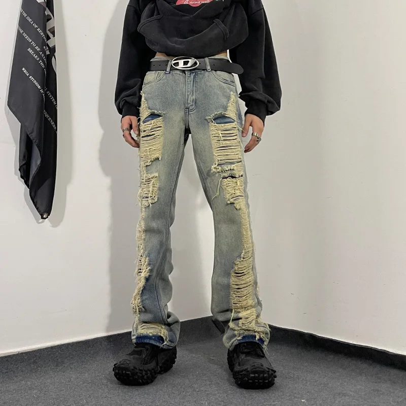 Yuqori ko'cha uslubidagi erkaklar uchun yorilgan jeanlar, yangi dizaynli kengaytirilgan denim jeanlar, erkaklar uchun maxsus parafinlangan denim jeanlar