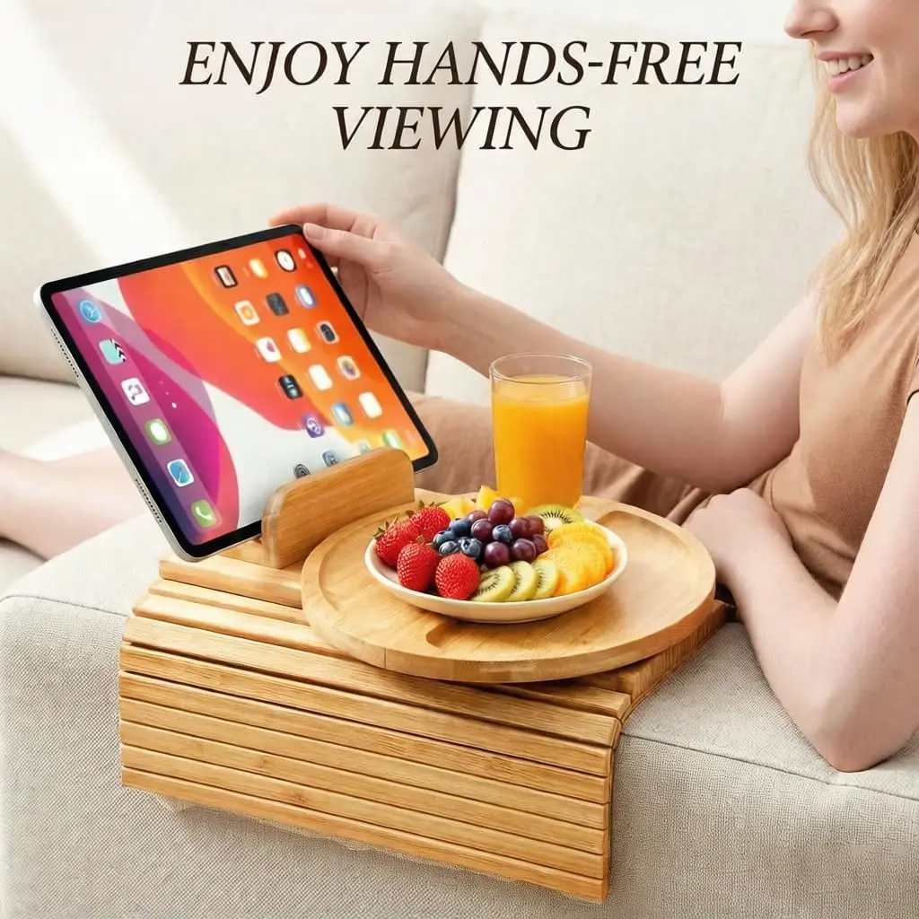 product bamboo sofa armrest tray foldable couch arm table 2 in 1 magnetic rotating couch side tray  sofa arm snack drink tray anti slip-4
