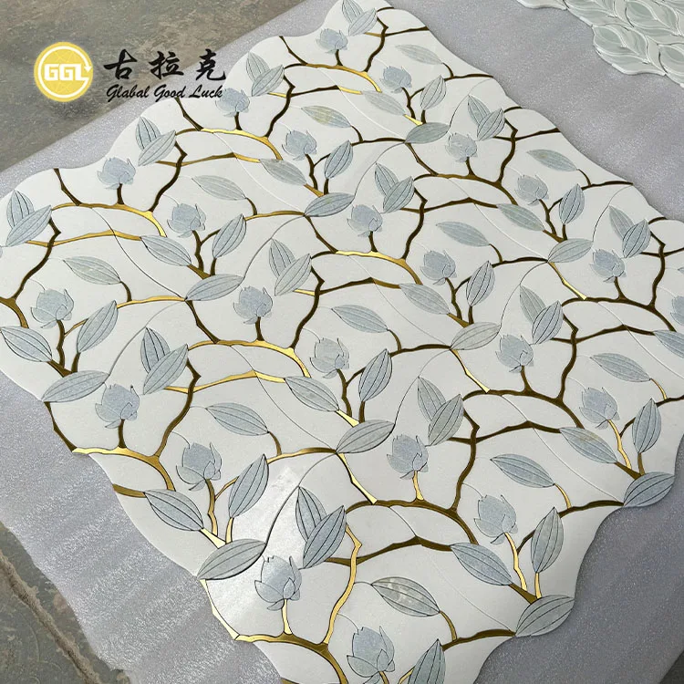 Polished  Flower Design Blue and White Marble Mix Brass Mosaic Waterjet Art Tiles factory