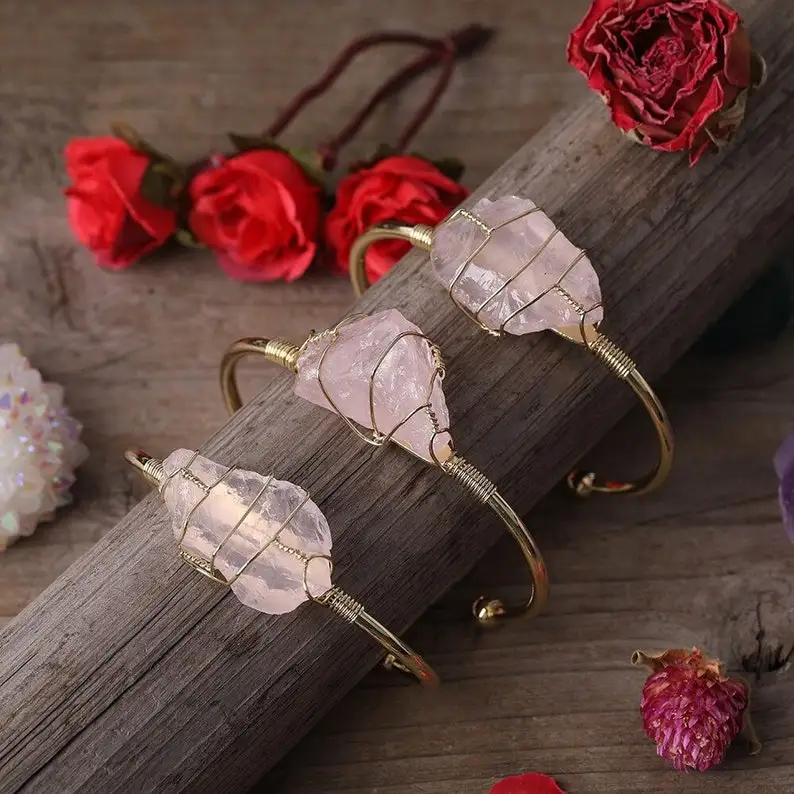 Fashion Gold Copper Wire Wrapped Jewelry Natural Raw Rough Crystal Quartz  Amethyst Rose Quartz Stone Open Bangle Cuff Bracelet - Buy High End  Amethyst