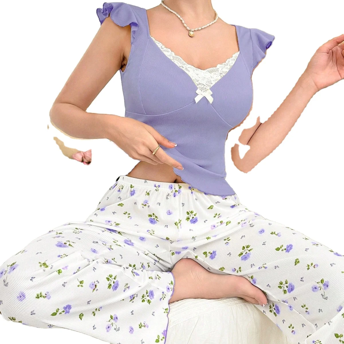 European American Women's Satin Elastic Waist Floral Print Long Pants Ruffled Casual Breathable Ribbed Pajamas