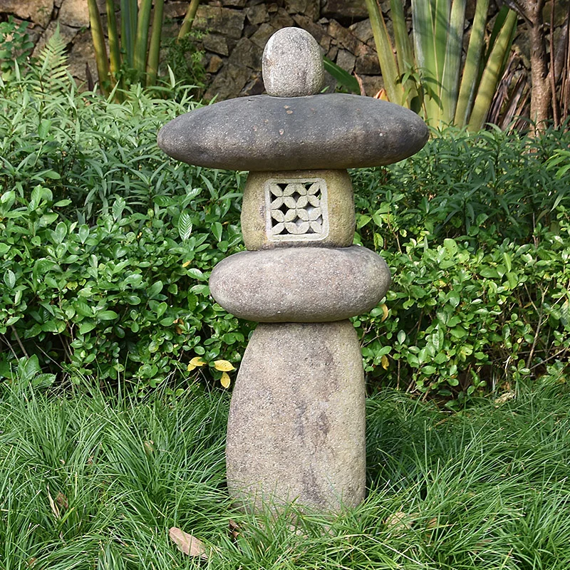 River Stone Lantern Bird Bath Japanese Lantern Garden Decor Patio Cobble Block Rusty Stone Carved Pagoda  Sculpture Outdoor