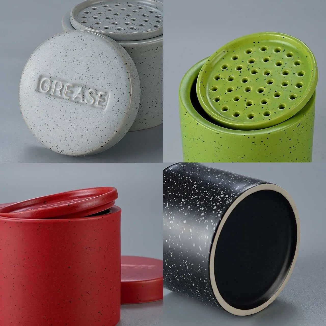 Matte Colored Ceramic Bacon Grease Container 15oz with Oil Strainer Pot Speckled Grease Storage Can with Strainer