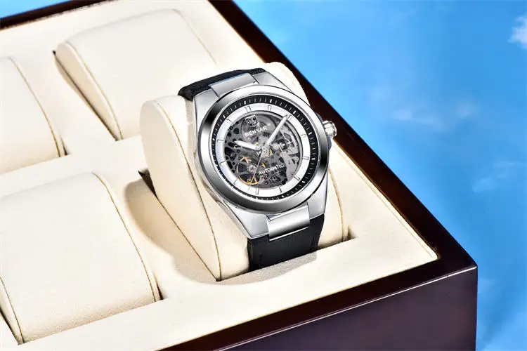 Часы Benyar 5207M, роскошные мужские часы с механизмом, горячая распродажа, ремешок из натуральной кожи, водонепроницаемые, автоматические, полые, деловые часы