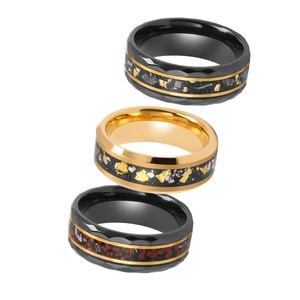 Meteorite Black with Gold Foil Flakes Real Crushed Meteorite Trendy Style Hammered Tungsten Ring Wedding Band