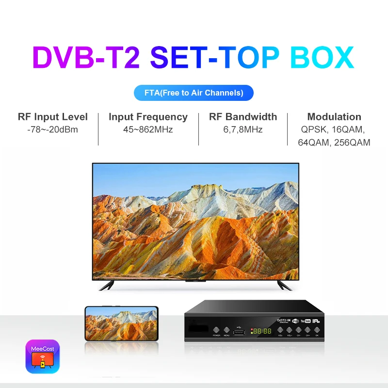 DVB-T2 Digital Smart Set-Top Box 1080P HD DVB T2 FTA TV Receiver H264 Wifi Receiver Multi-language Support STB