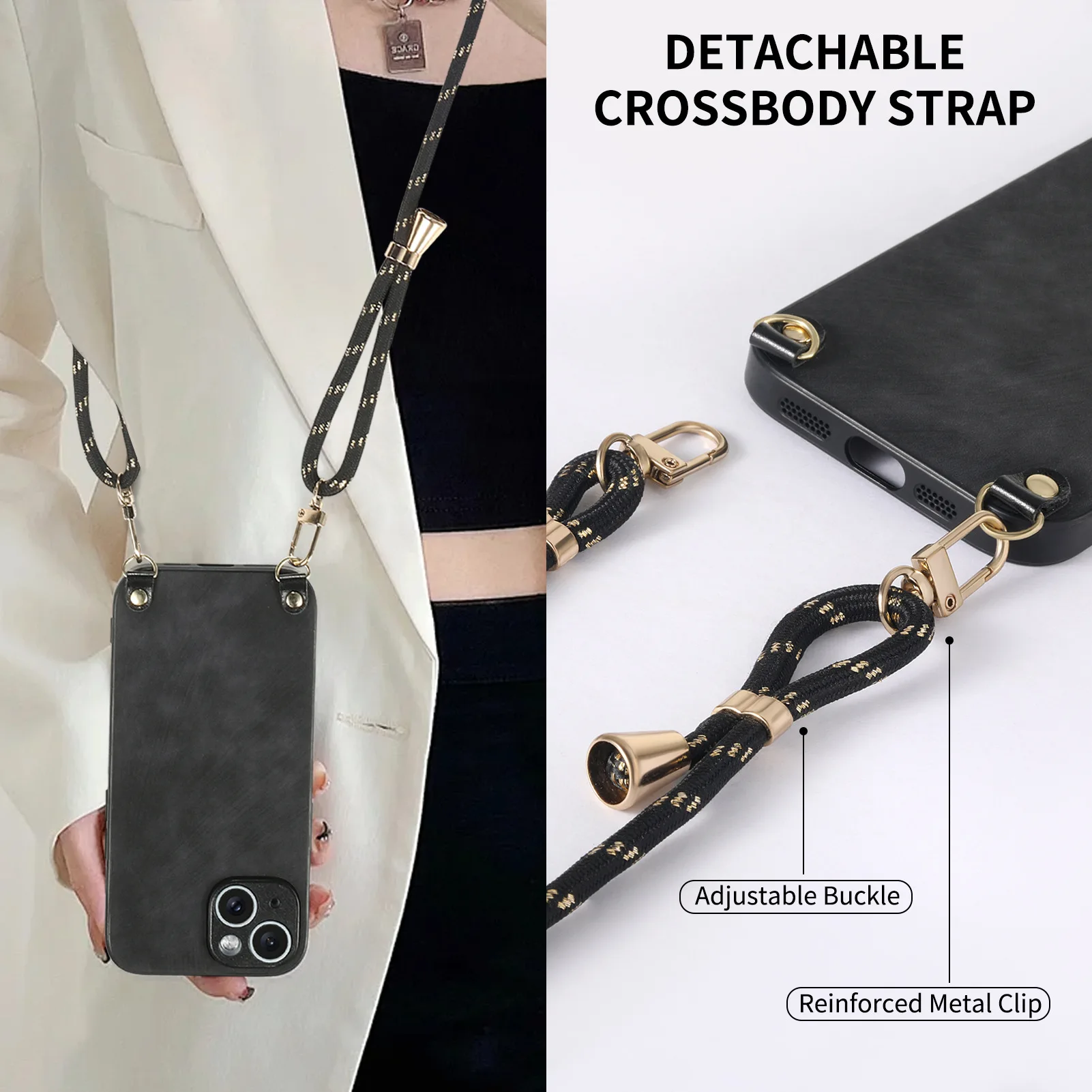 Shockproof Chain Crossbody Plain Leather Case With Wrist Strap And Lanyard For IPhone 17 AIR 16E 15 Pro Max_voghion.com