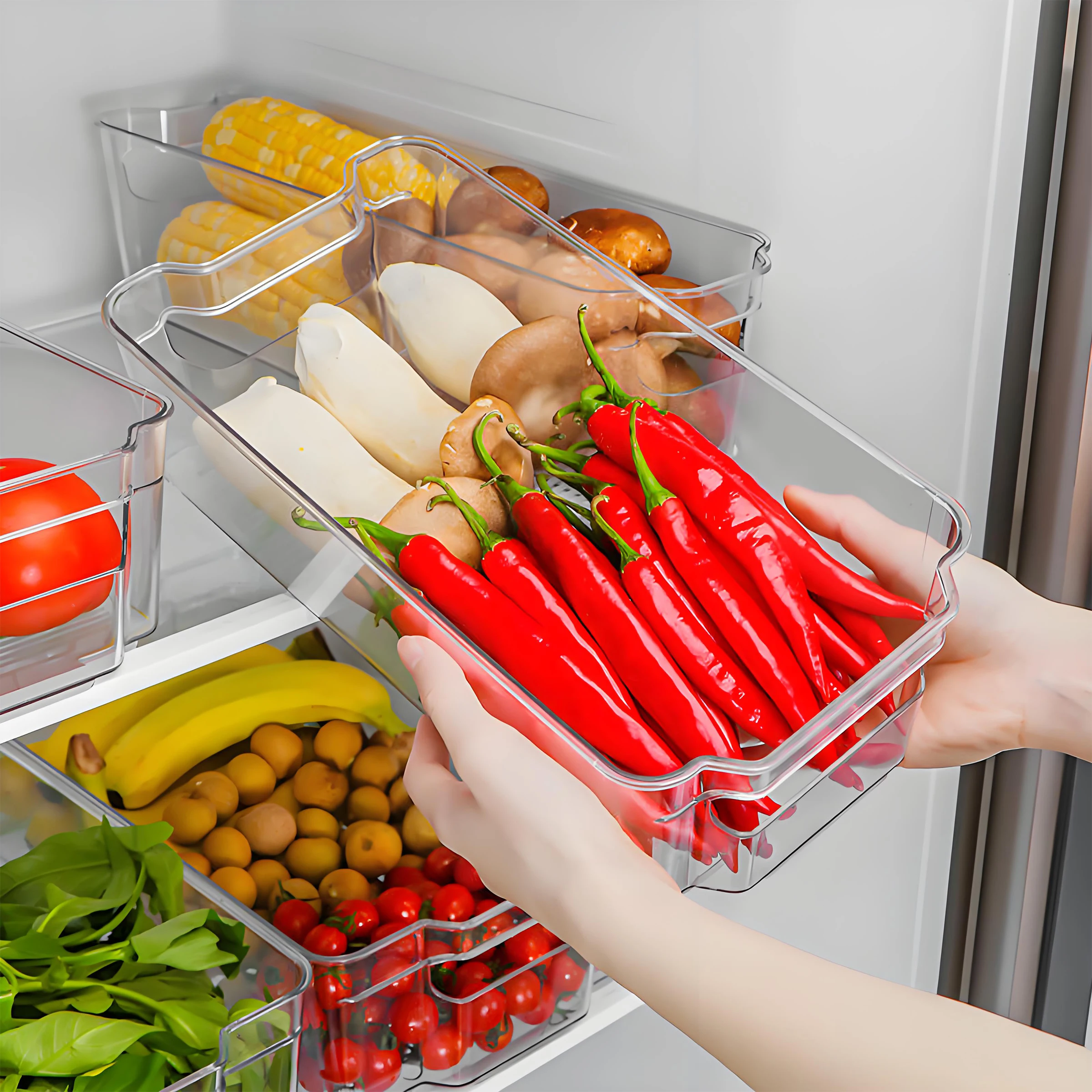 Caixa de Armazenamento Plástica Transparente em Promoção, Três Tamanhos para Utilização Doméstica, Armazenamento de Alimentos e Bebidas na Geladeira