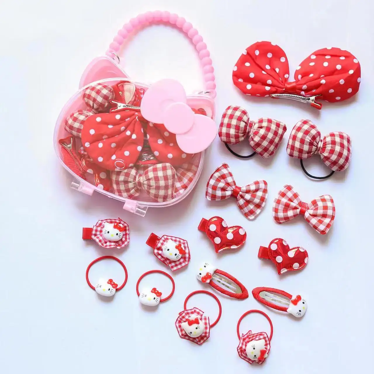 MIO Little Girls Cartoon Cat Handbag Pink Bead Chain Sweet Bow Hair Clip  Elastic Rubber Band Kids Hair Pins Hair Accessories Set